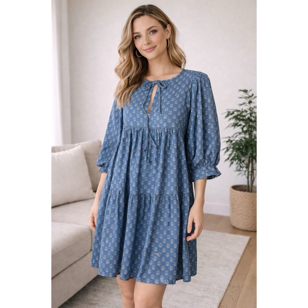 🔥 FAHERTY Blue Organic Cotton Floral Mini Dress Size Small Boho Prairie 🔥
